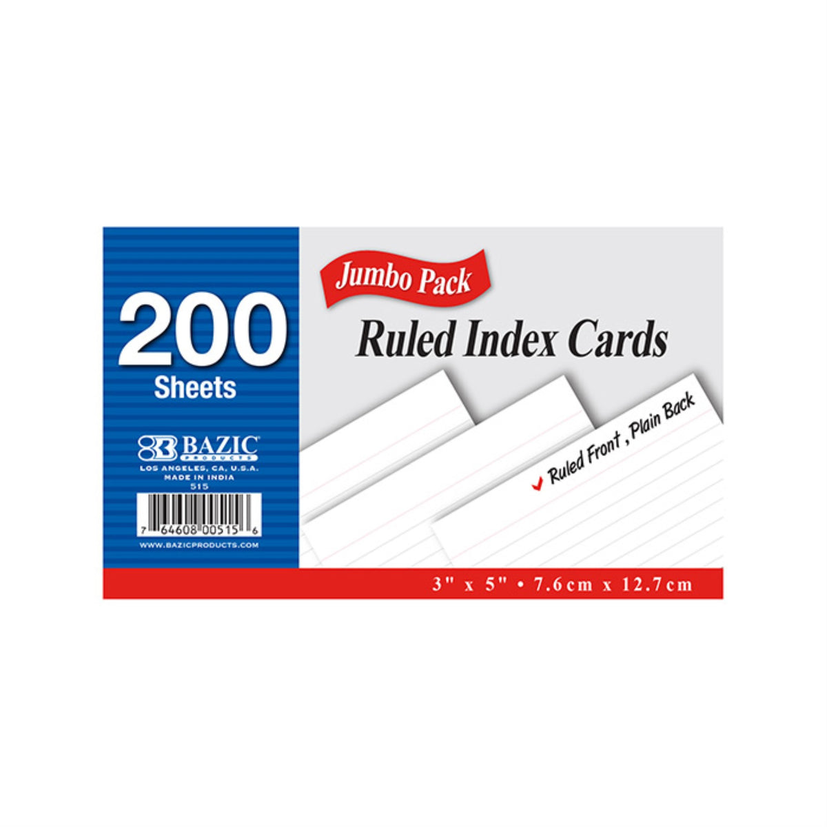 Bazic 200 Ct. 3' X 5' Ruled White Index Card
