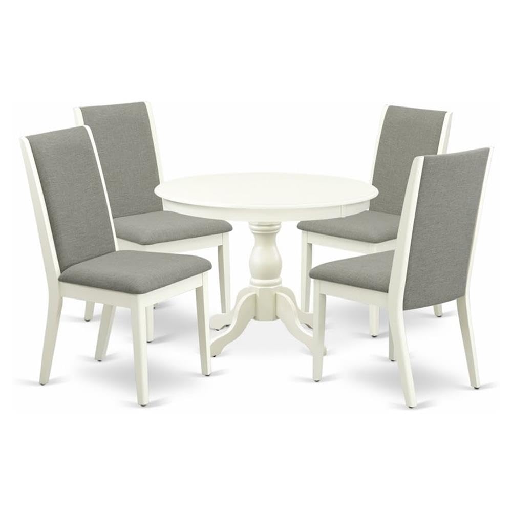 East West Furniture HBLA5-LWH-06 5 Piece Modern Dining Table Set - Linen White Breakfast Table and 4 Shitake Linen Fabric Modern Dining Chairs with High Back - Linen White Finish