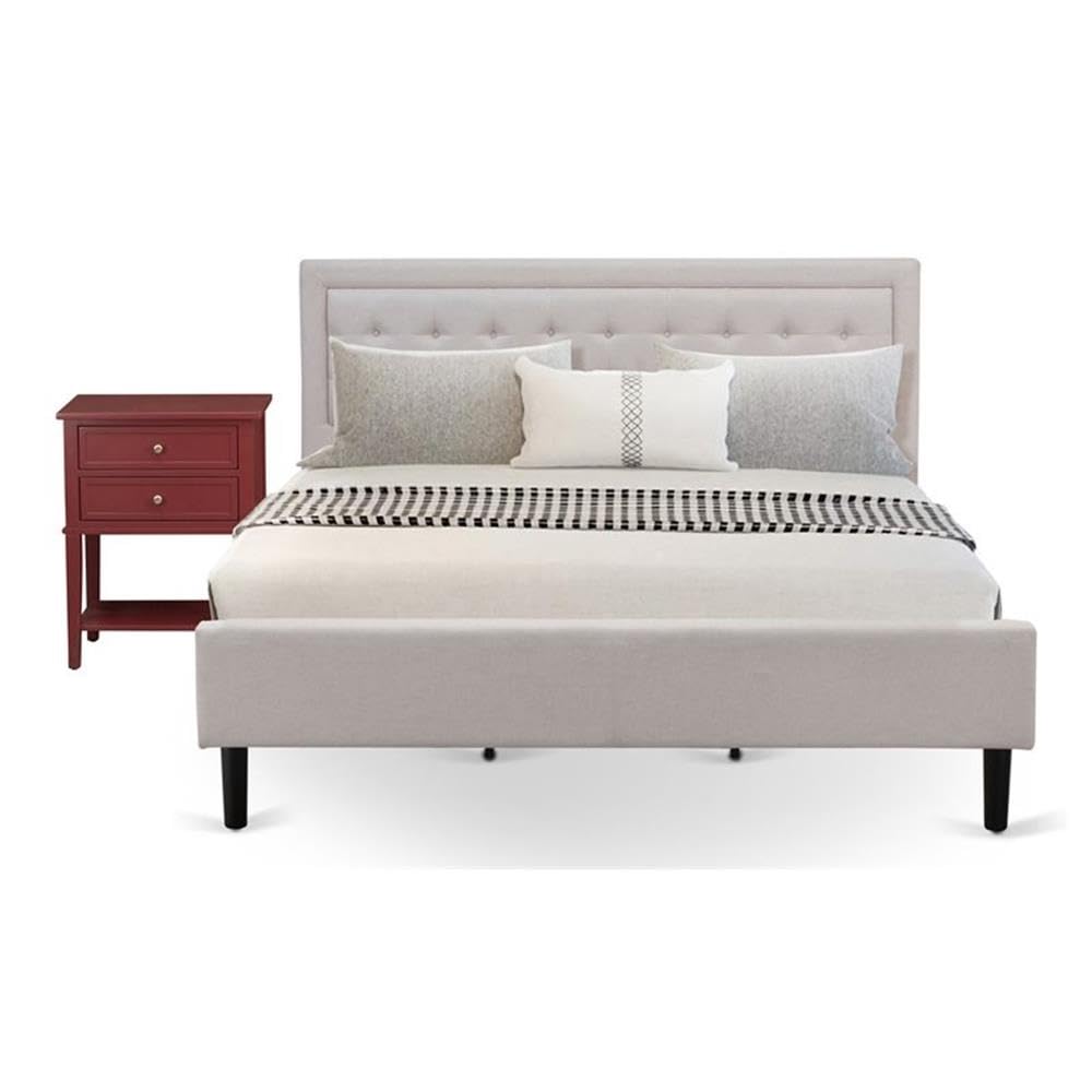 FN08K-1VL13 2-Piece Fannin Wooden Set for Bedroom with 1 Platform Bed and a Mid Century Modern Nightstand - Reliable and Durable Manufacturing - Mist Beige Linen Fabric