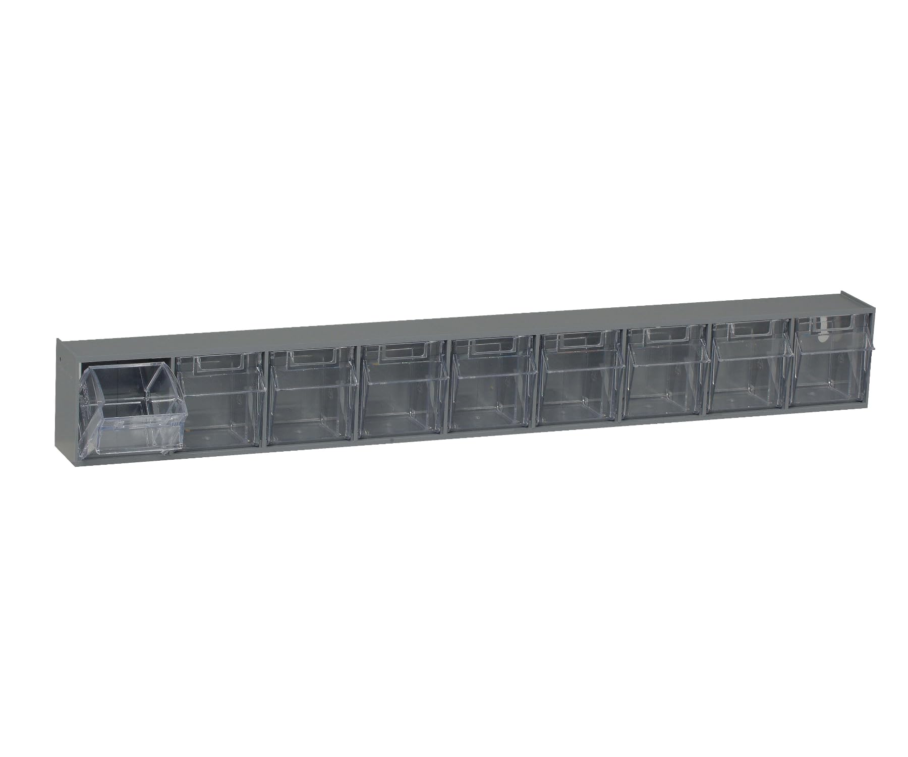 Tip Out Bin, (9) compartment, handle with label slot, opens to a 45 angle, plastic clear container, polystyrene gray cabinet, Made in USA