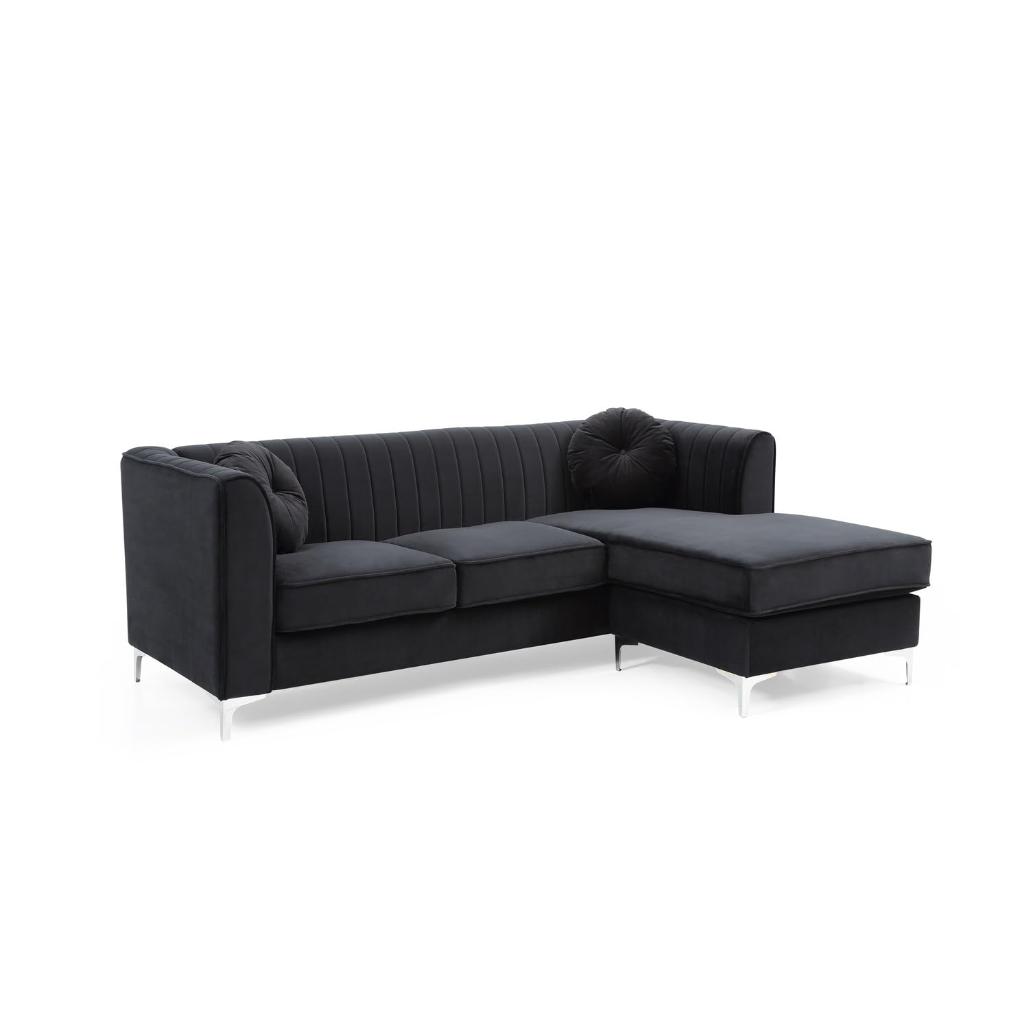 Delray 87 in. Black Velvet L-Shape 3-Seater Sectional Sofa with 2-Throw Pillow