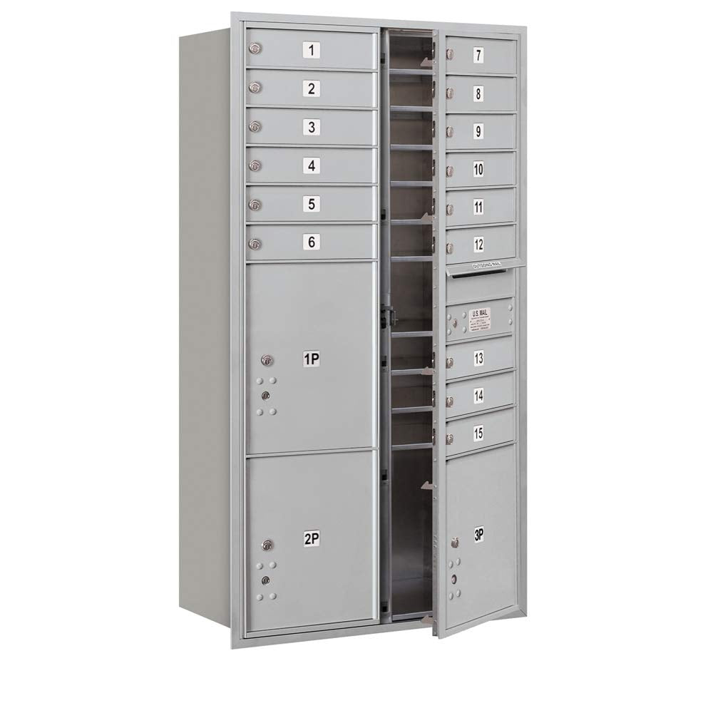 Maximum Height Recessed Mounted 4C Horizontal Mailbox with 15 Doors and 3 Parcel Lockers in Aluminum with USPS Access - Front Loading