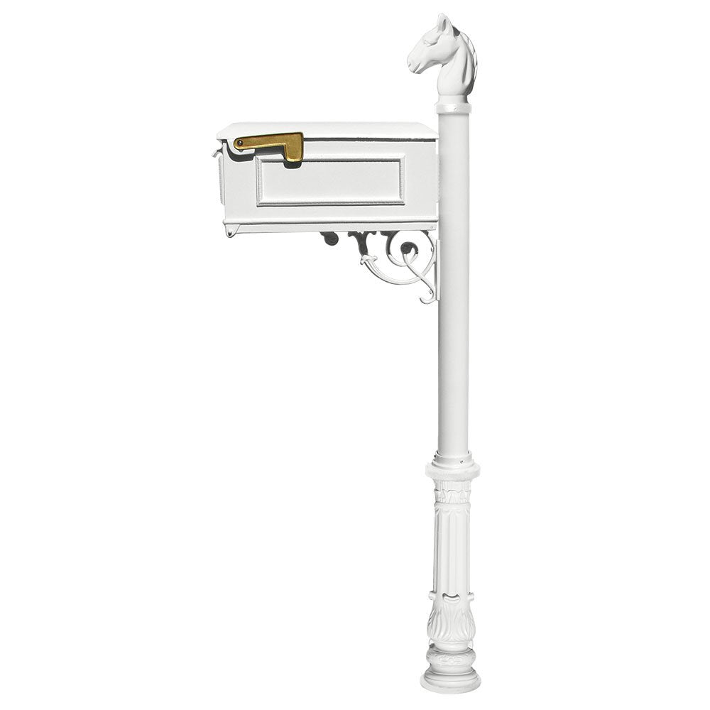 Lewiston Equine Mailbox post system with ornate base and horsehead finial (no address plates or numbers), White