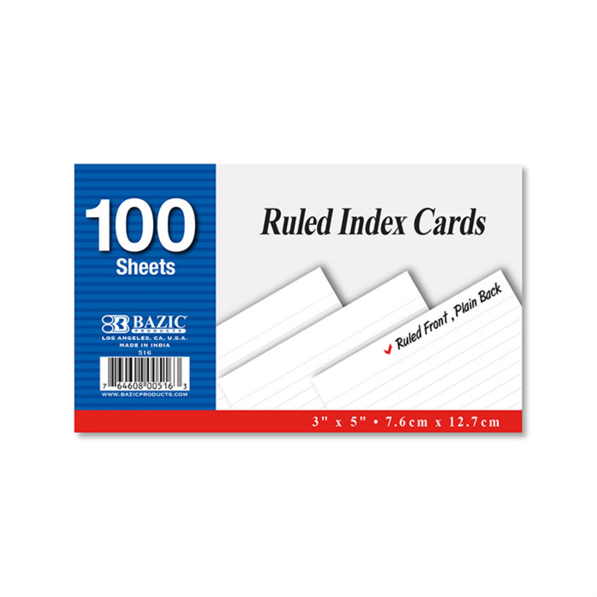 Bazic 100 Ct. 3' X 5' Ruled White Index Card
