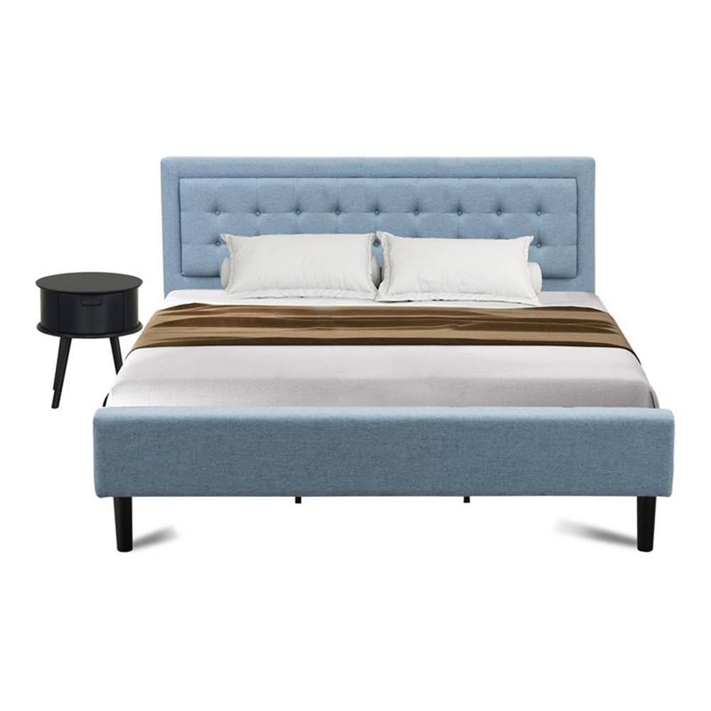 FN11K-1GO15 2-Piece Platform King Size Bed Set with 1 Mid Century Bed and a Navy Blue Bedroom Nightstand - Reliable and Durable Construction - Denim Blue Linen Fabric Bed