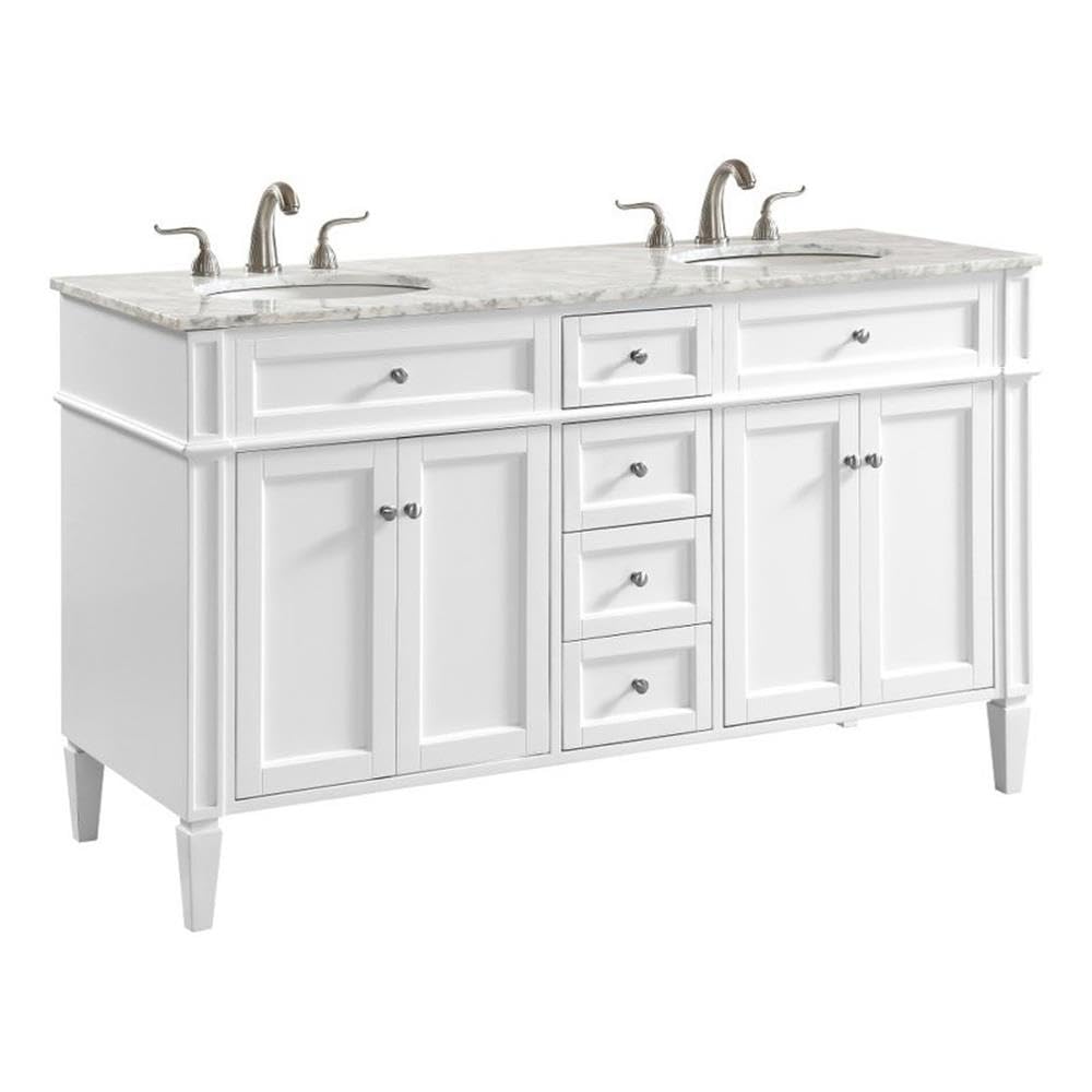 Elegant Kitchen And Bath 60 Inch Double Bathroom Vanity Cabinet Set With White Marble Countertop - White