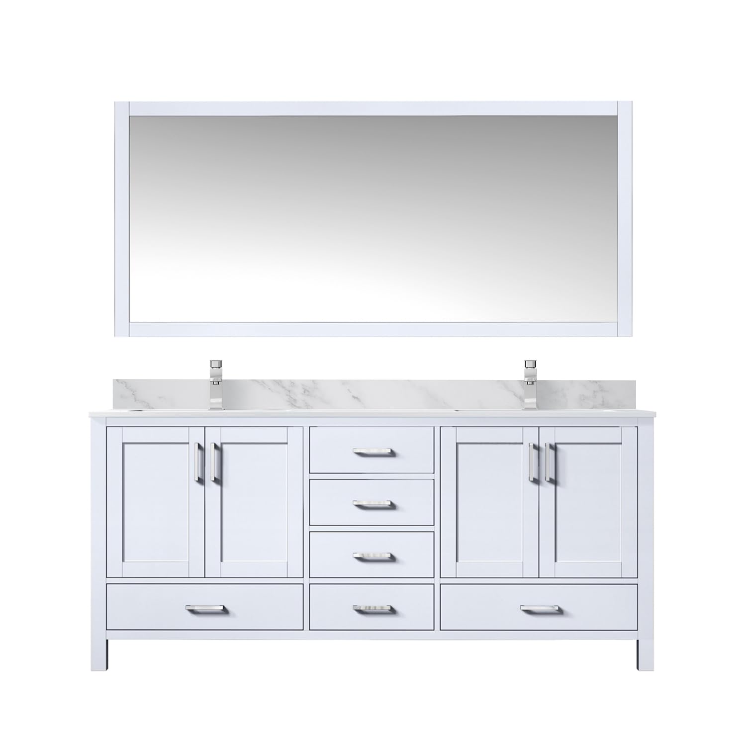 White Double Bath Vanity 72 in. W x 22 in. D, Carrara Marble Top, Faucet Set, and 28 in. Mirror