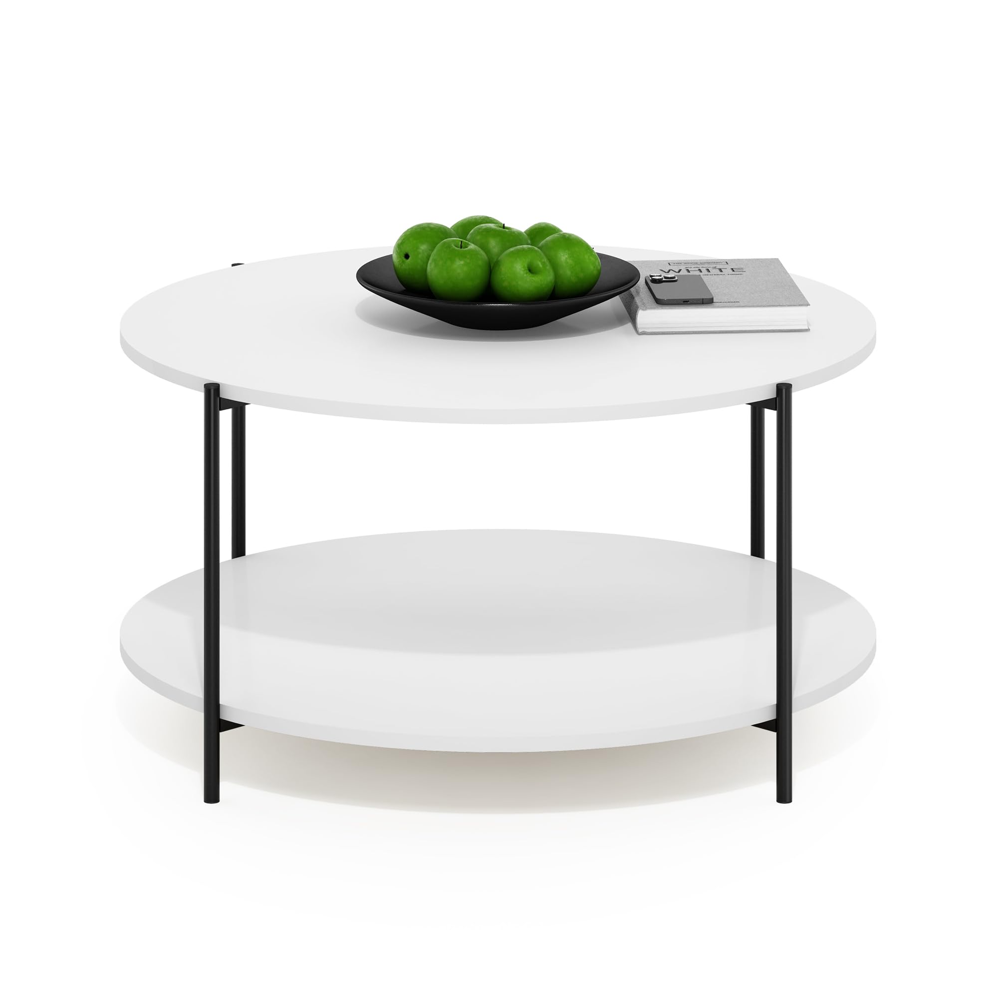 Furinno Besi 2-Tier Modern Round Coffee Table Table with Sturdy Metal Legs, White/Black