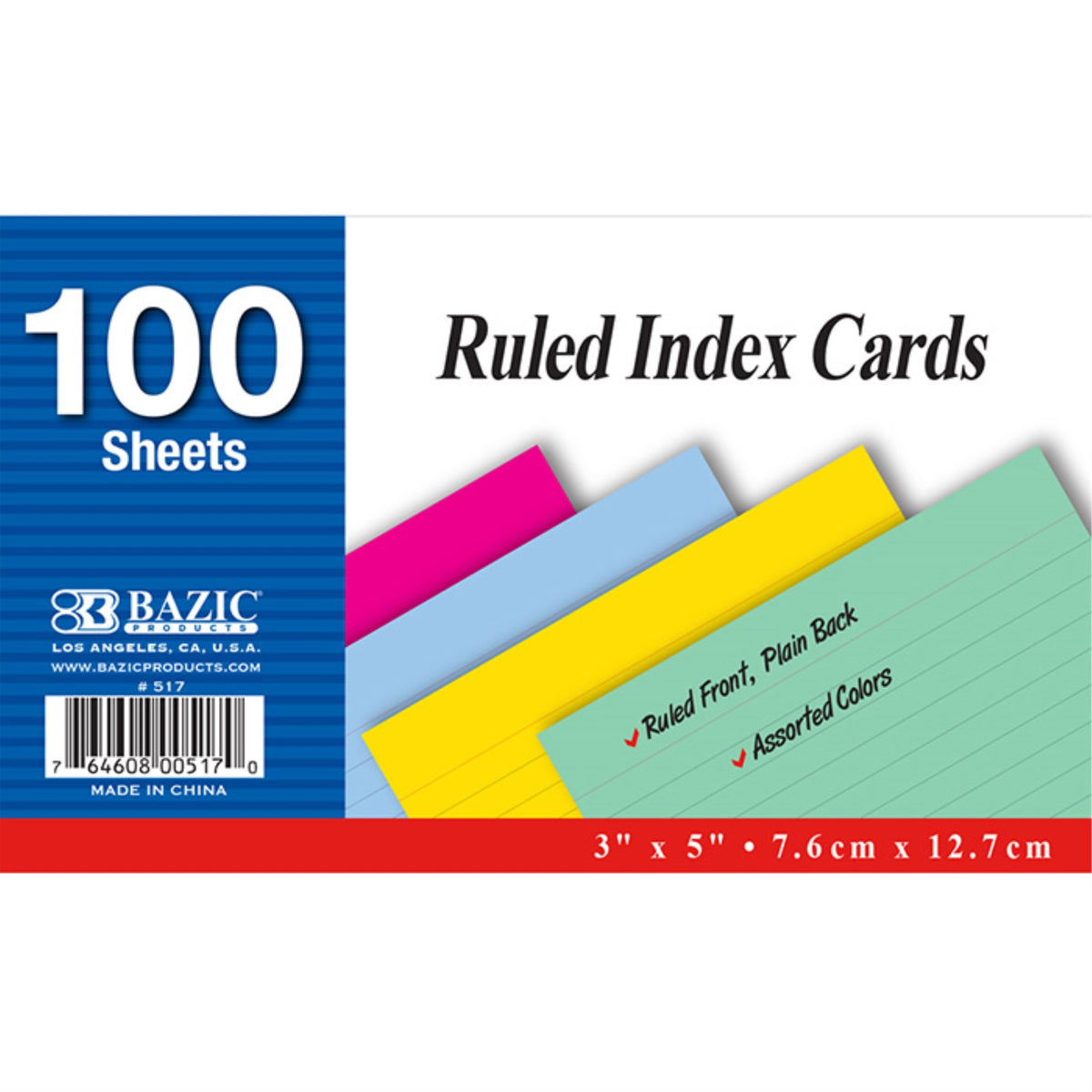 Bazic 100 Ct. 3' X 5' Ruled Colored Index Card