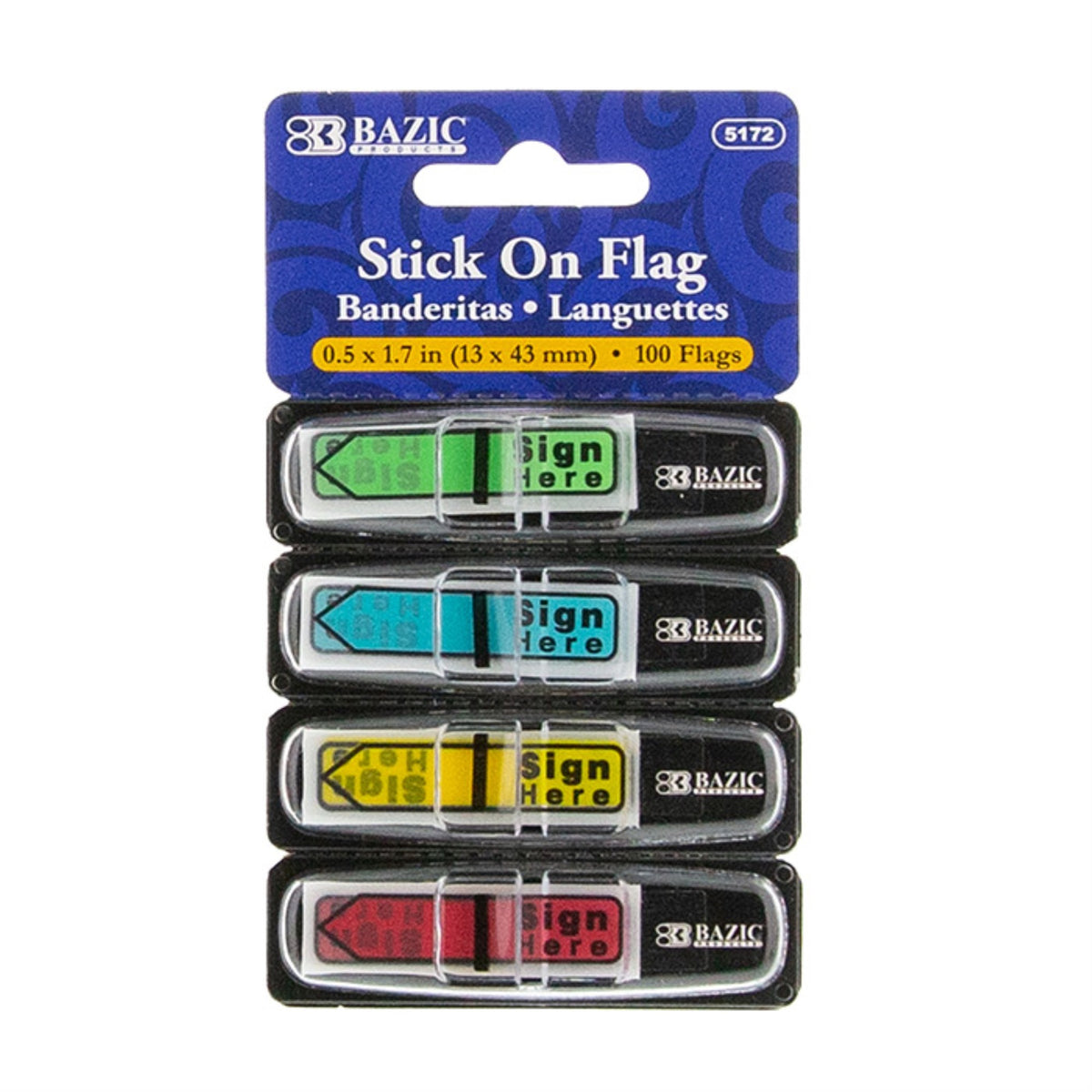 Bazic 25 Ct. 0.5' X 1.7' Neon Color Printed Sign Here Flags W/ Dispenser (4/Pack) /Case Qty - 288