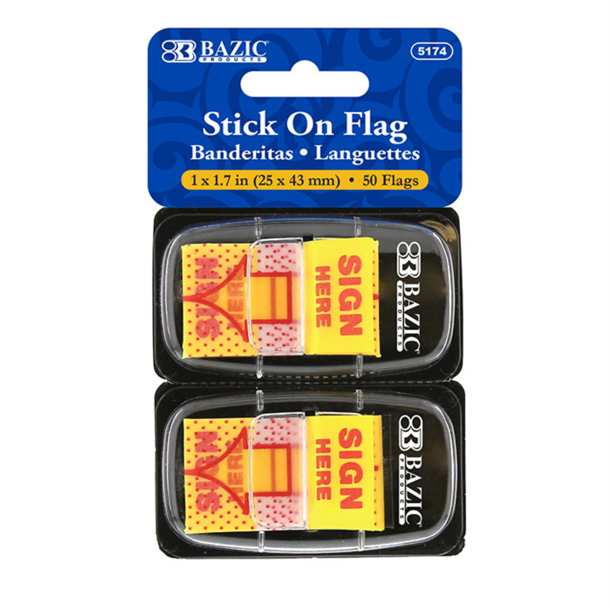 Bazic 25 Ct. 1 X 1.7 Yellow Color Printed Sign Here Flags W/ Dispenser (2/Pack) / Box Qty - 24