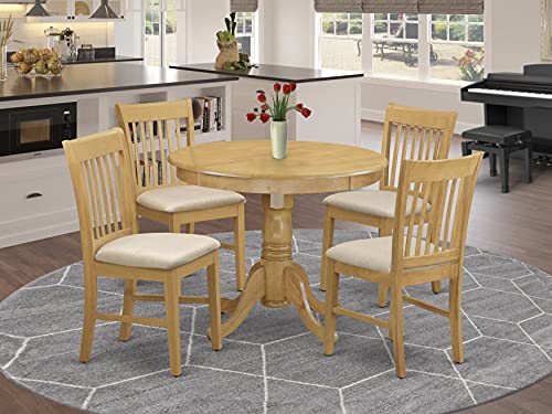 East West Furniture Anno5-Oak-C 5 Pieces Set     4 Room Chairs With Linen Fabric Seat And Slatted Back-Round Top And Pedestal Le