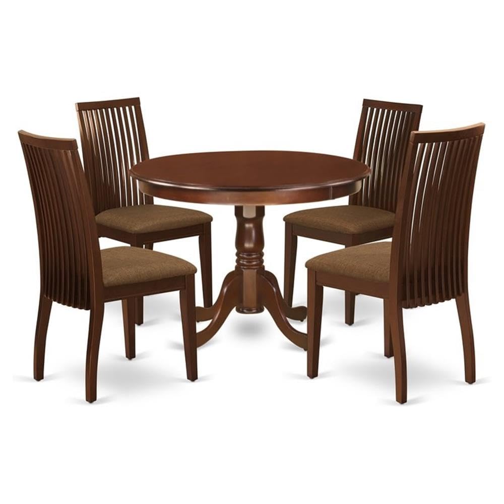 East West Furniture HLIP5-MAH-C 5 Piece Dinette Set for 4 Includes a Round Dining Room Table with Pedestal and 4 Linen Fabric Kitchen Dining Chairs, 42x42 Inch, Mahogany