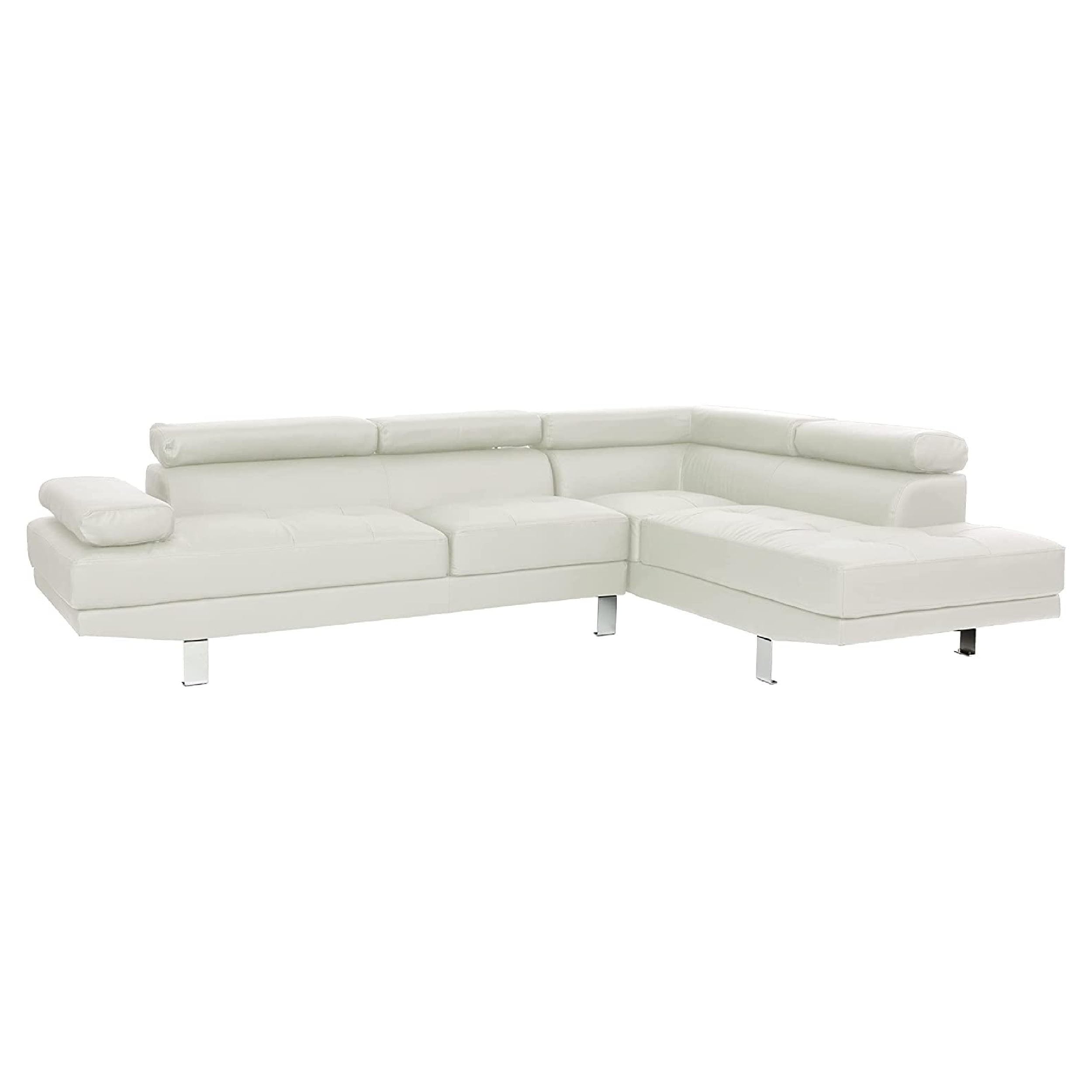 Cree 2 Piece Modern Sectional Sofa with Chaise, Adjustable Headrests, White