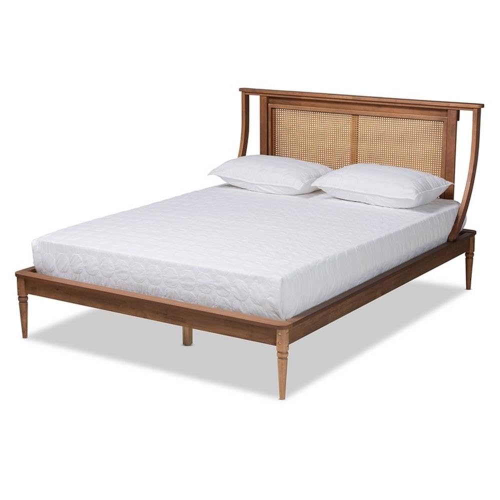 Baxton Studio Jamila Modern Transitional Walnut Brown Finished Wood And Synthetic Rattan Full Size Platform Bed