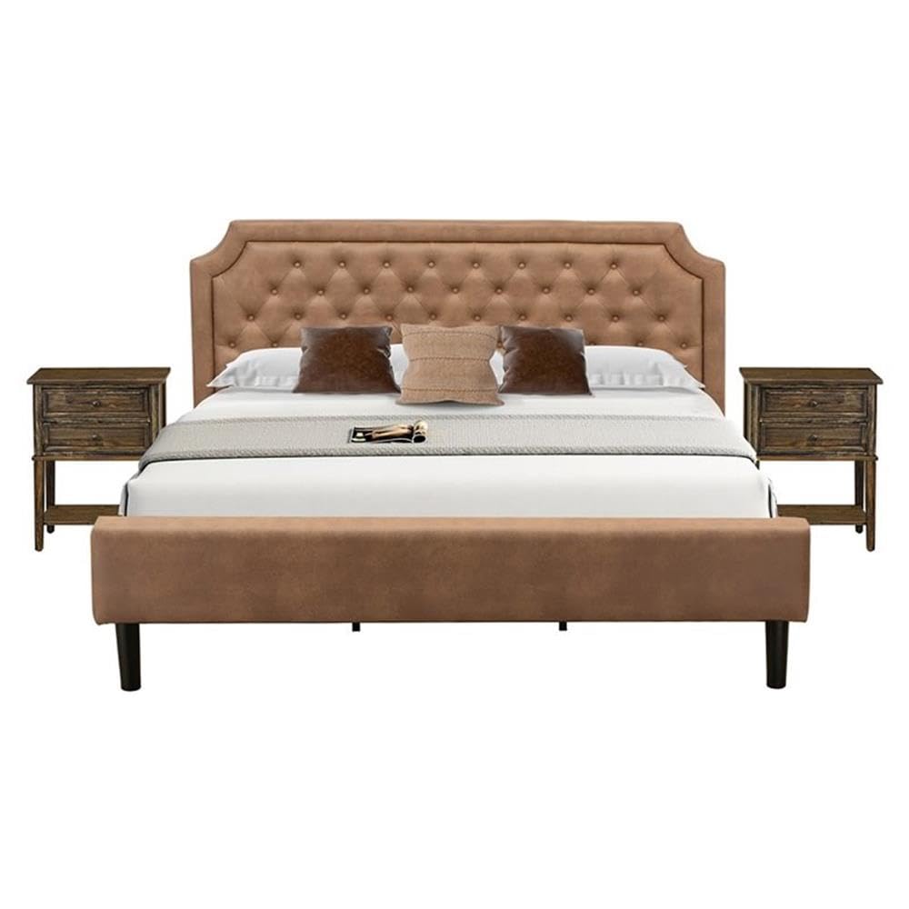 GB28K-2VL07 3-Piece Granbury Bed Set with a King Bedframe and 2 Distressed Jacobean Night Stand - Brown Faux Leather with Brown Texture and Black Legs