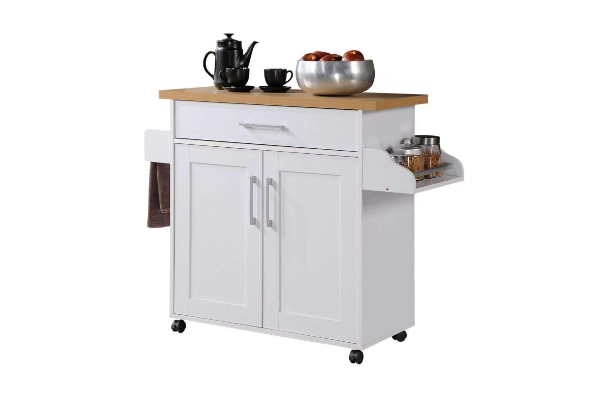 Hodedah Kitchen Island With Spice Rack, Towel Rack & Drawer, White With Beech Top, 155 X 355-449 X 352 Inches
