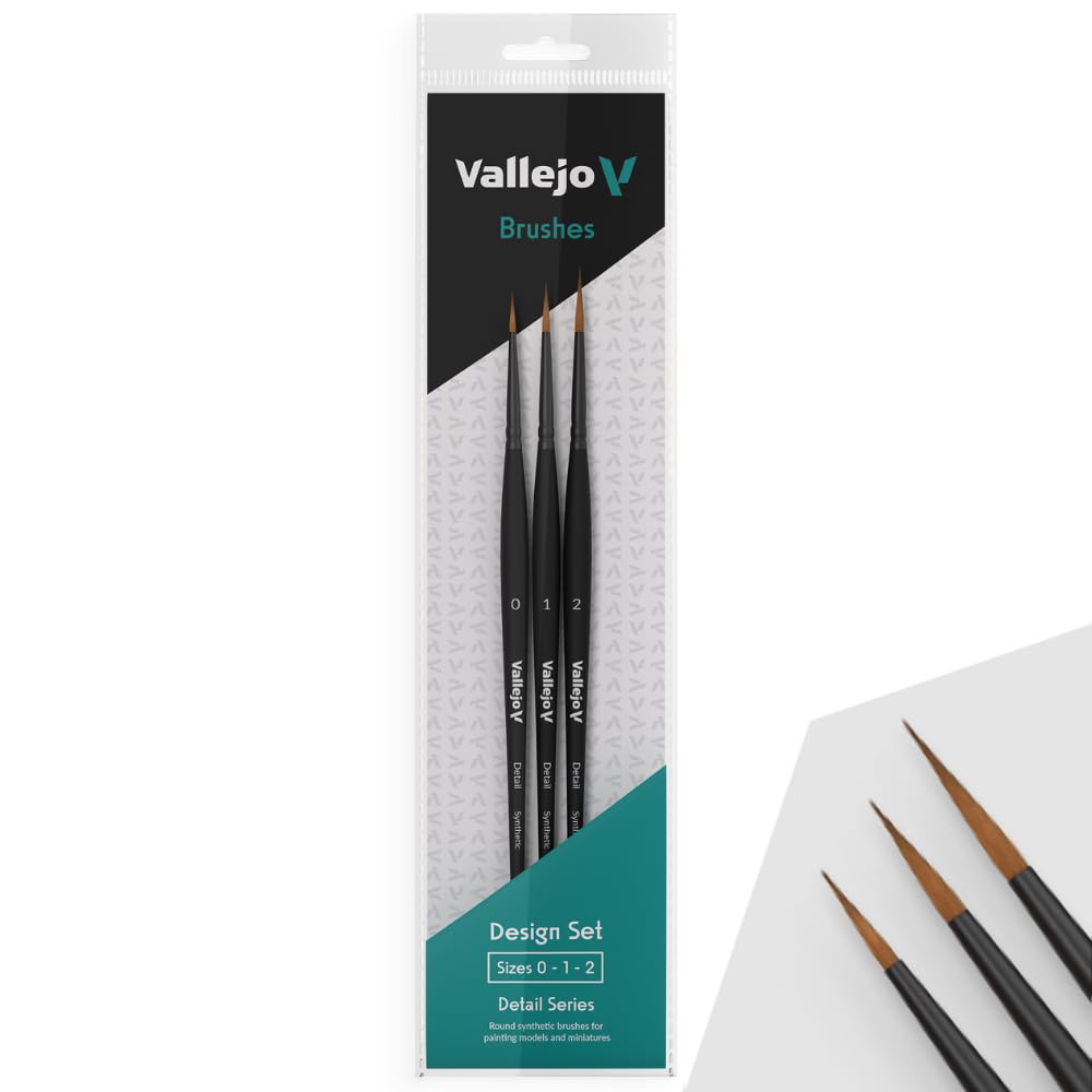 Vallejo - Detail Series Desing Set | Hobby Brush Kit | Flagged Synthetic Bristles | Sizes 0, 1, and 2 | Lightweight and Ergonomic Wooden Handles | Ideal for Acrylic Detail Work