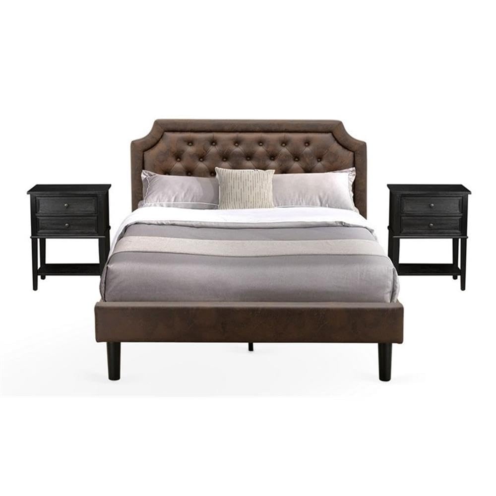 GB25Q-2VL06 3-Piece Granbury Queen Bedroom Set with Wood Bed Frame and 2 Wire Brushed Black End Tables for bedroom - Dark Brown Faux Leather with Black Texture and Black Legs