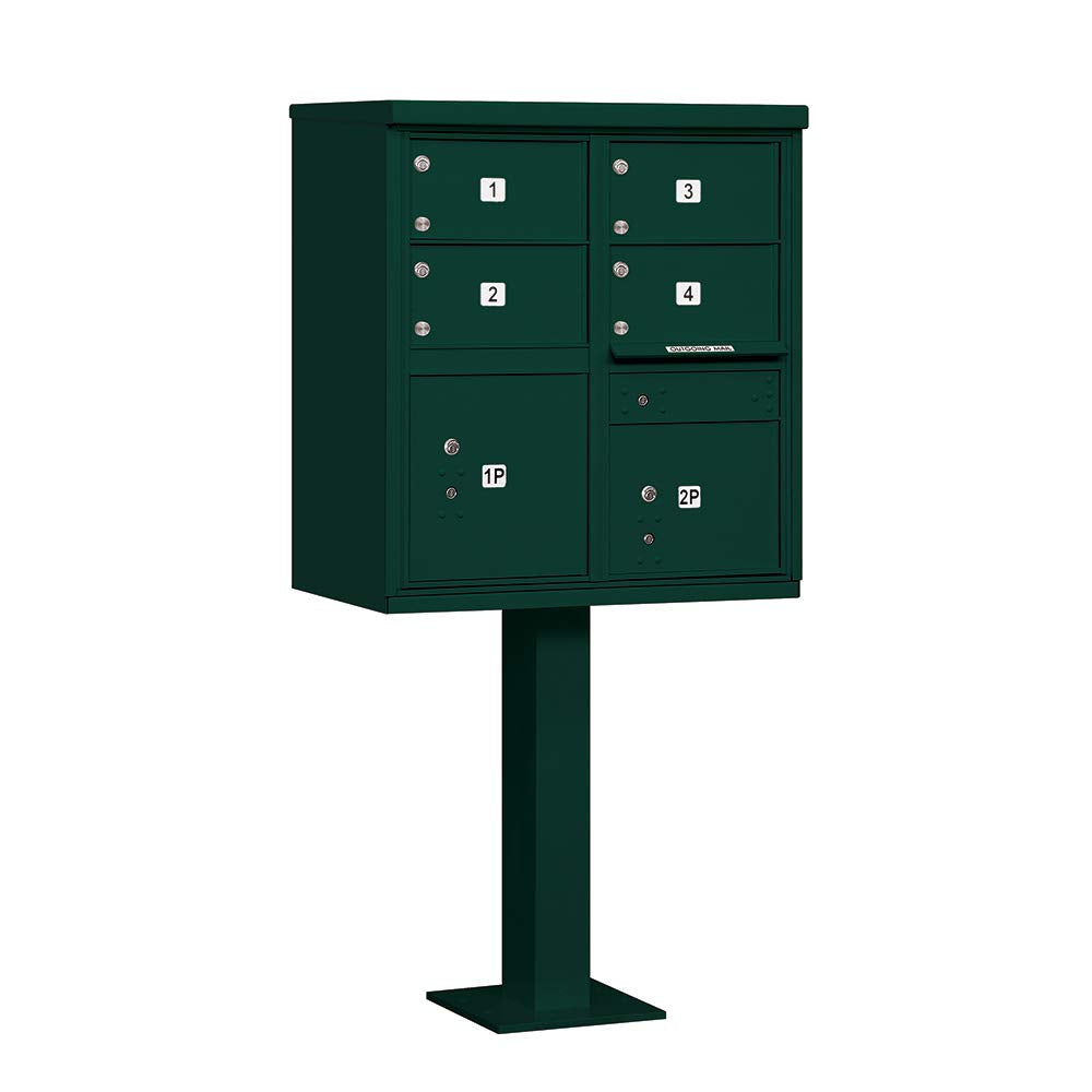 Cluster Box Unit with 4 Doors and 2 Parcel Lockers in Green with USPS Access  Type V