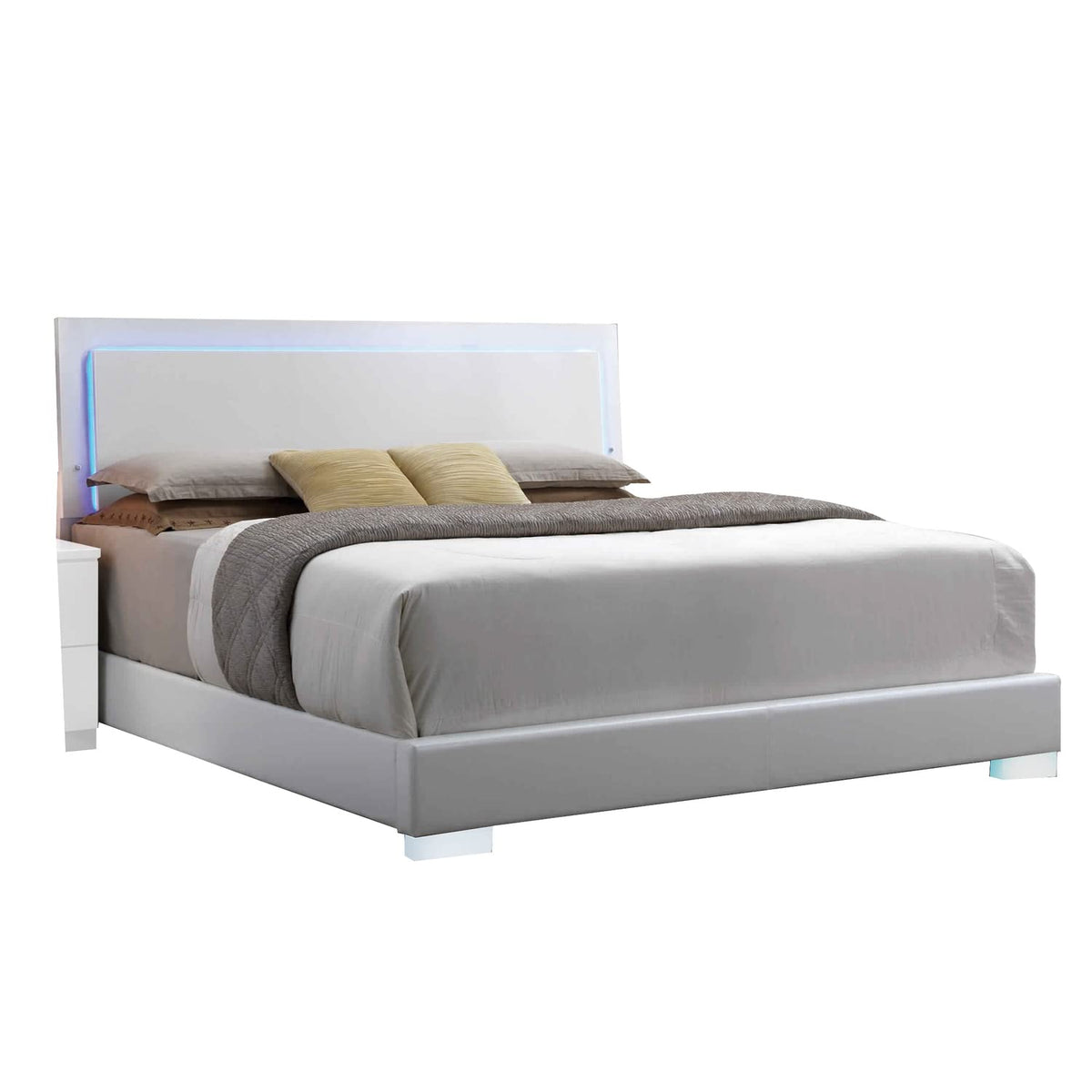 Benjara Leatherette Eastern King Bed With Led Panel Headboard And Chrome Legs, White
