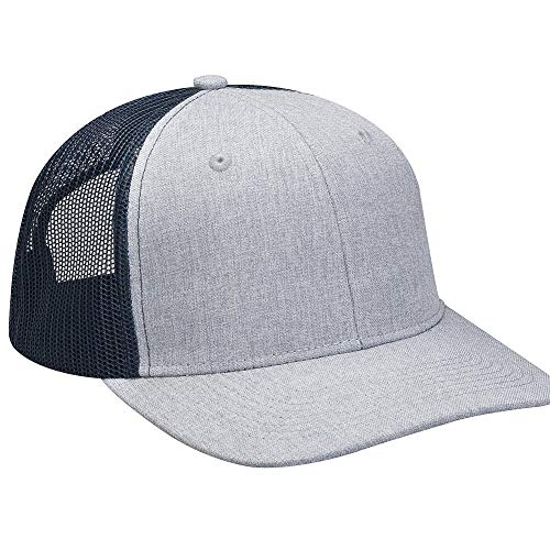 PV102 | PREMIER- 95% Polyester/5% Spandex, heather woven fabric front panels and visor, contrast color nylon mesh back panels, six-panel, Pro-Mid Structured crown, wider semi-flat visor, matching color plastic snap back closure. - SLATE/NAVY