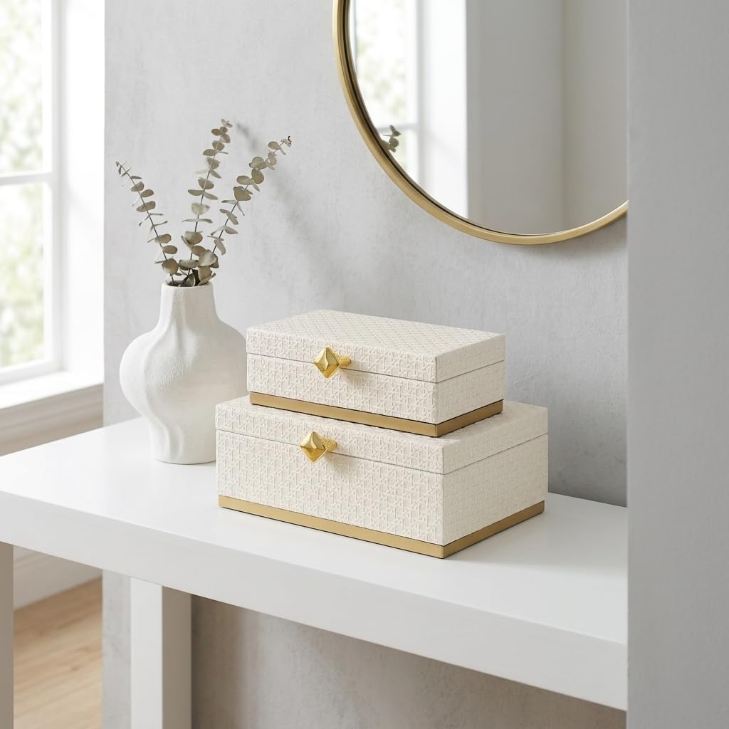 Baskura Vinyl Rattan Rectangular Box Set - White | Gold Metal Base |
