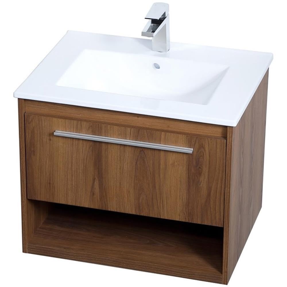 Elegant Decor Kasper 24' Single Porcelain Top Floating Bathroom Vanity In Walnut