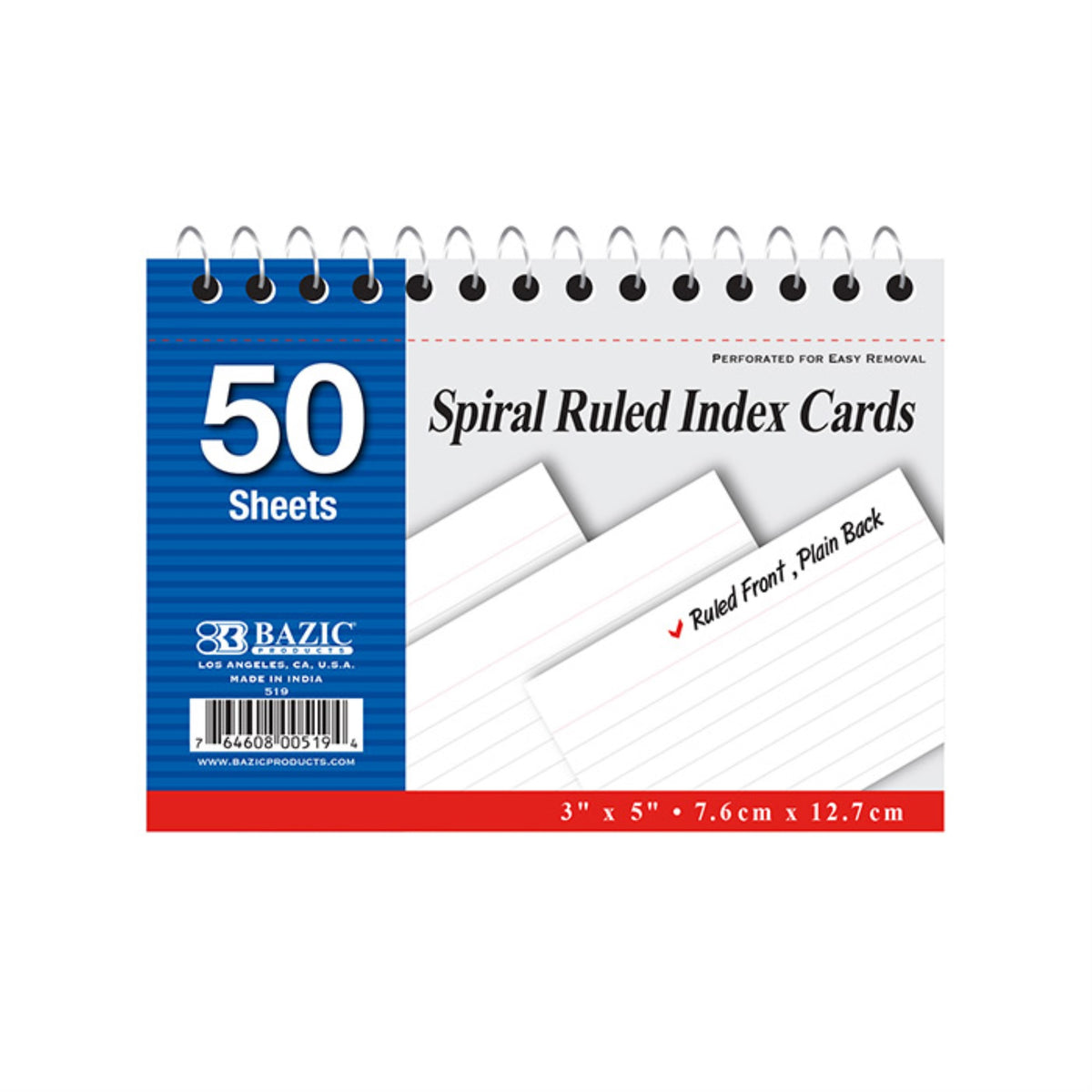 Bazic 50 Ct. Spiral Bound 3 X 5 Ruled White Index Card