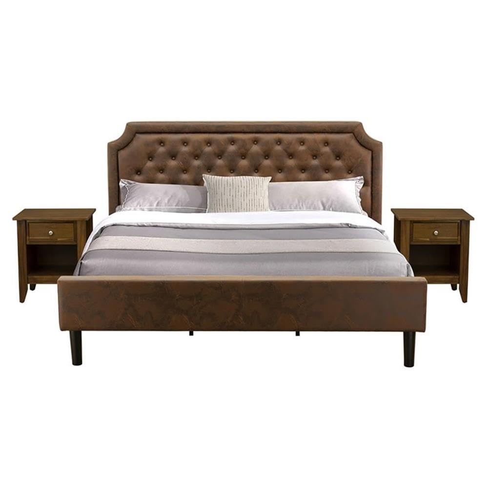 GB25K-2GA08 3-Piece Bedroom Set with Button Tufted King Size Bed and 2 Antique Walnut Mid Century Modern Nightstands - Dark Brown Faux Leather with Black Texture and Black Legs