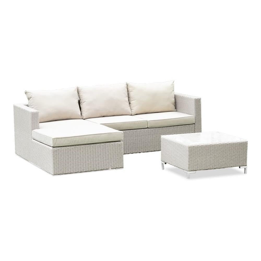 East West Furniture ACL3S03A Ackerly 3 Piece Patio Furniture Outdoor Sectional Sofa Set Contains a Rectangle Glass Top Bistro Wicker Tea Table Fabric Cushion, 63x87 Inch, Natural Linen