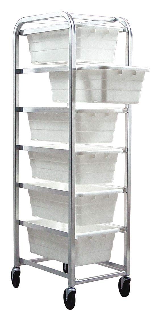 Tub Rack, mobile, 60 lb. weight capacity per bin, end loading, holds (6) TUB2516-8 white tubs (included), welded aluminum construction, (4) 5 swivel polyolefin casters