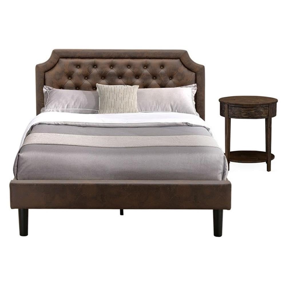 GB25Q-1HI07 2-Piece Platform Bedroom Set with Button Tufted Queen Frame and 1 Distressed Jacobean End Table for bedroom - Dark Brown Faux Leather with Black Texture and Black Legs