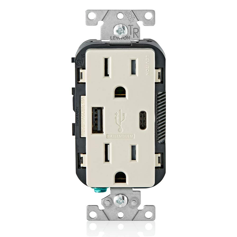 Leviton T5633-T 15-Amp Type A & Type-C Usb Chargertamper Resistant Outlet, Not For Laptops, Light Almond