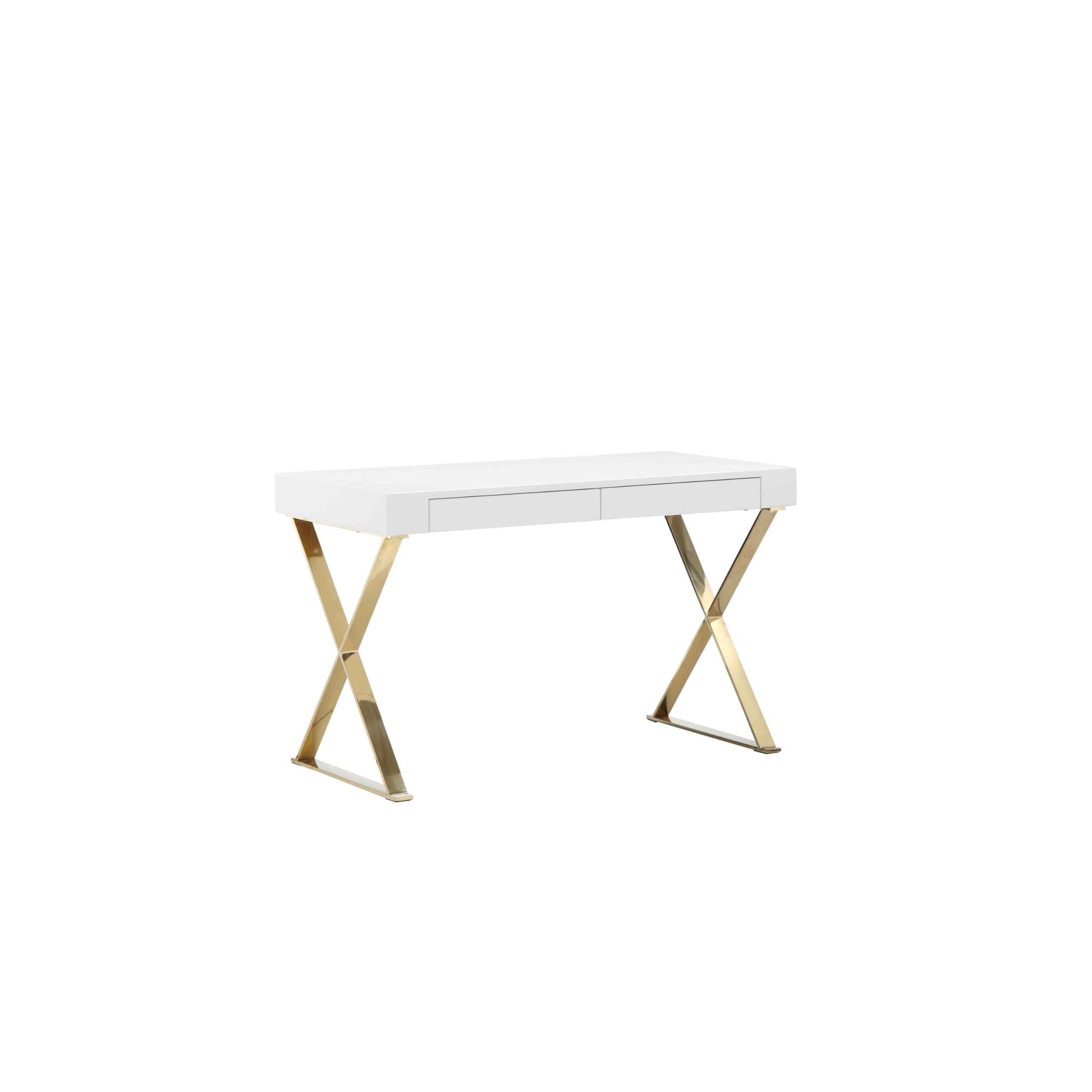 Rix 47 Inch Office Desk, 2 Drawers, Gold Metal Base, Rectangular, White