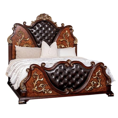 Iliana King Bed, Dark Cherry Brown, Black Faux Leather, Gold Carvings