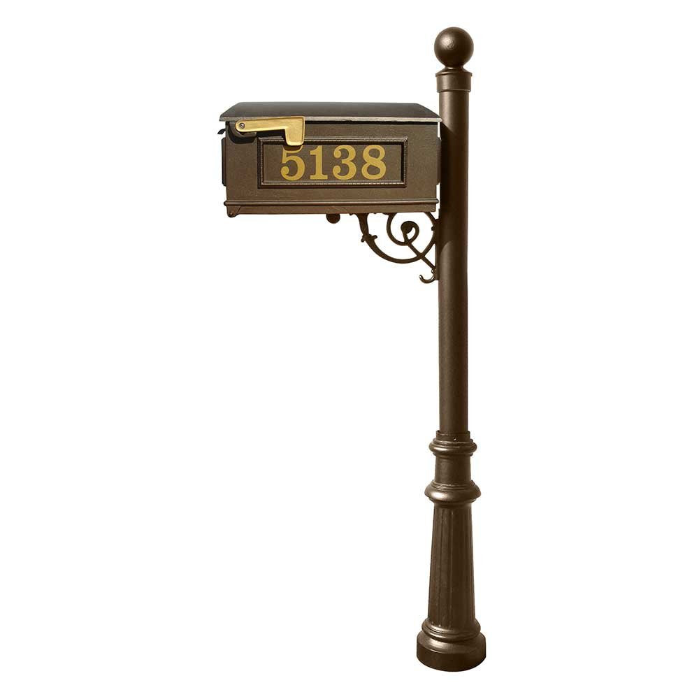 Lewiston Equine Mailbox Post System with decorative fluted base, ball finial and Gold Vinyl personalized numbers , Bronze