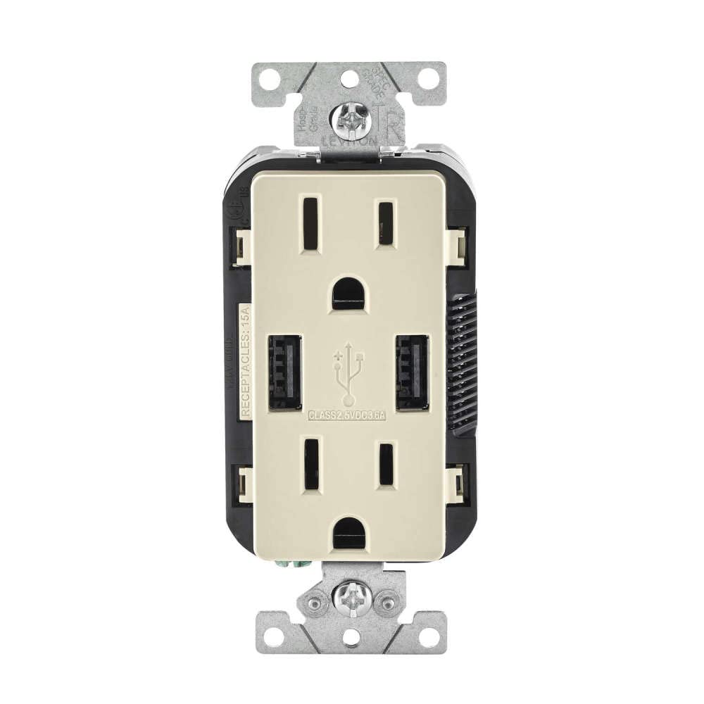 Leviton Decora 5-15R Outlet & Usb Charger 15A 125V Light Almond