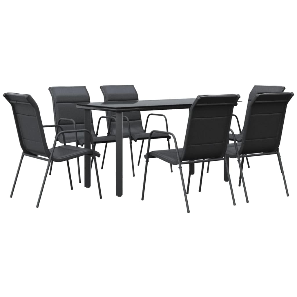 Vidaxl 7-Piece Patio Dining Set - Black Steel & Padded Textilene Chairs, Tempered Glass Tabletop For Garden/Patio, Rectangular Table - Outdoor Meal Furniture