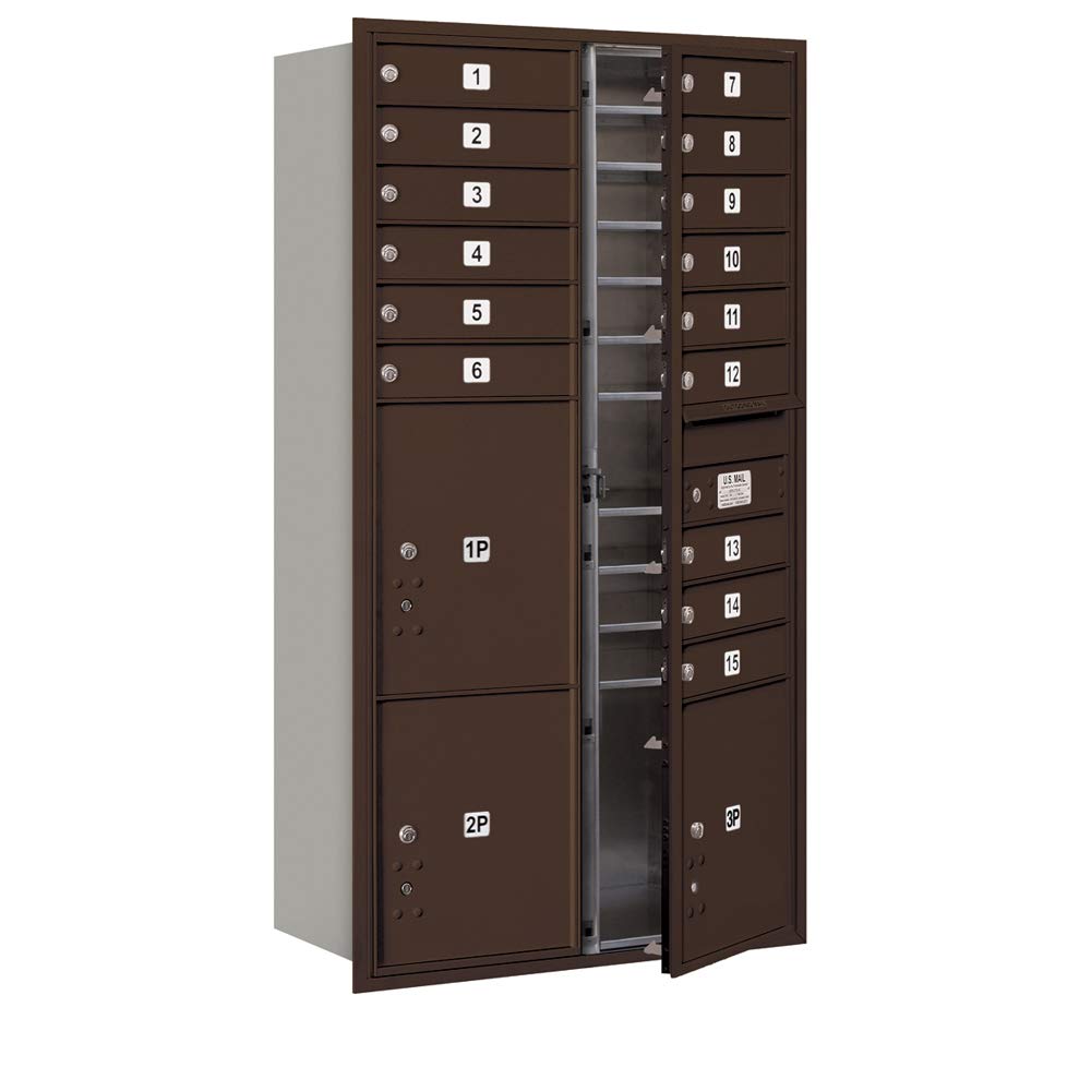 Maximum Height Recessed Mounted 4C Horizontal Mailbox with 15 Doors and 3 Parcel Lockers in Bronze with USPS Access - Front Loading