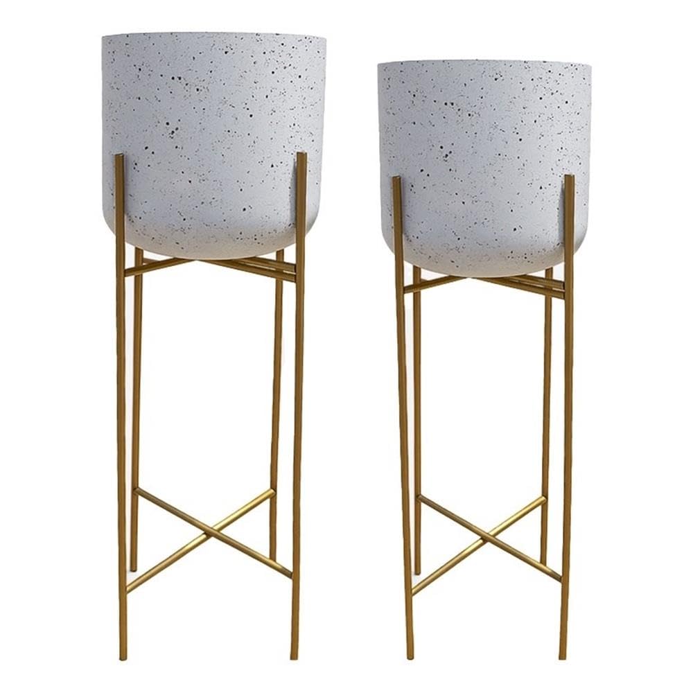 Aira Set of 2 Planters | 20, 22 Tall | Gold Foldable Metal Stand | White Speckled Pattern