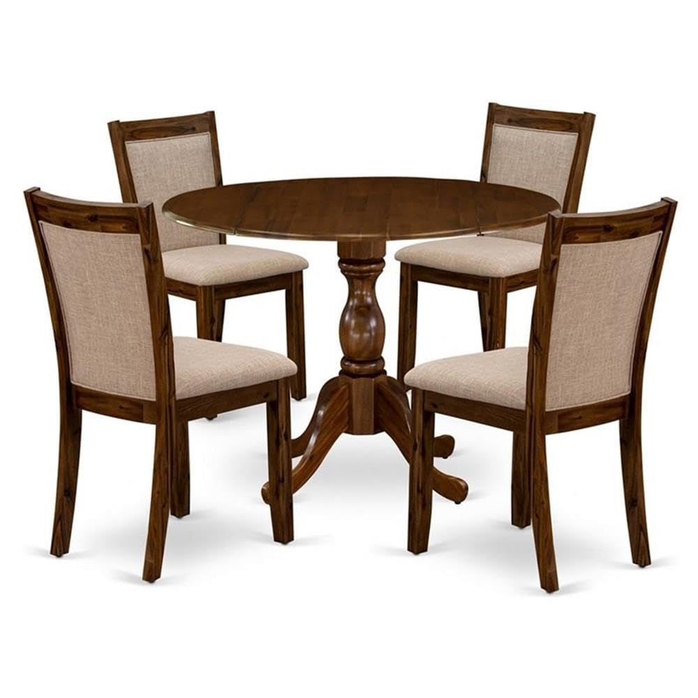East West Furniture 5-Pc Kitchen Table Set Includes a Wood Dining Table with Drop Leaves and 4 Light Tan Linen Fabric Parson Chairs - Sand Blasting Antique Walnut Finish
