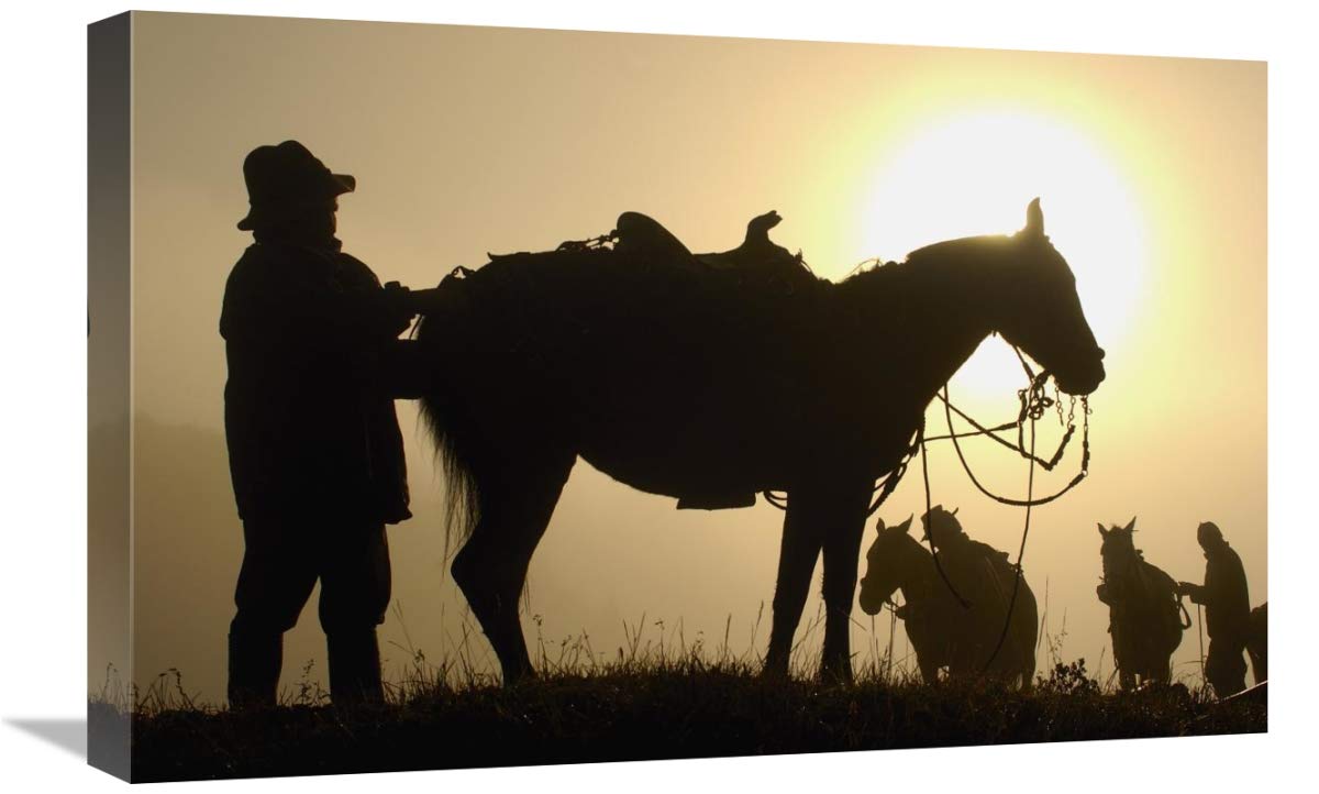 Chagras saddling up  during  the round-up, Andes Mountains, Ecuador-Canvas Art-24x16”