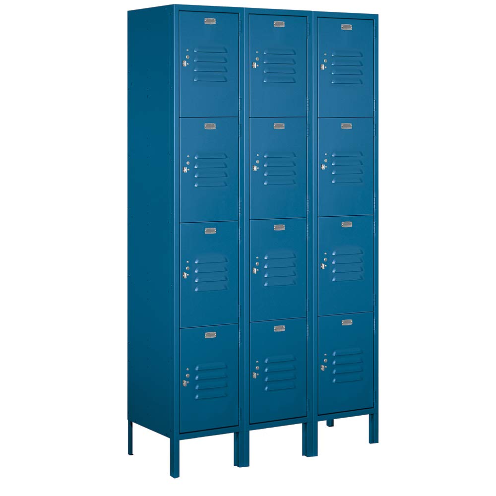 18 Wide Four Tier Standard Metal Locker - 3 Wide - 6 Feet High - 21 Inches Deep - Blue - Unassembled