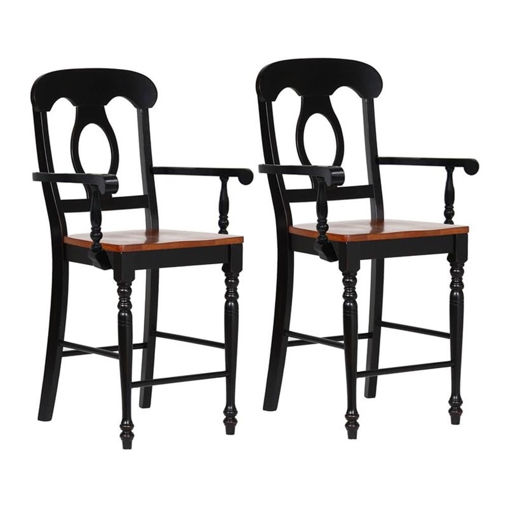 Sunset Trading Black Cherry Selections Napoleon Barstool with Arms | Antique Black and Cherry | Counter Height Stool| Set of 2