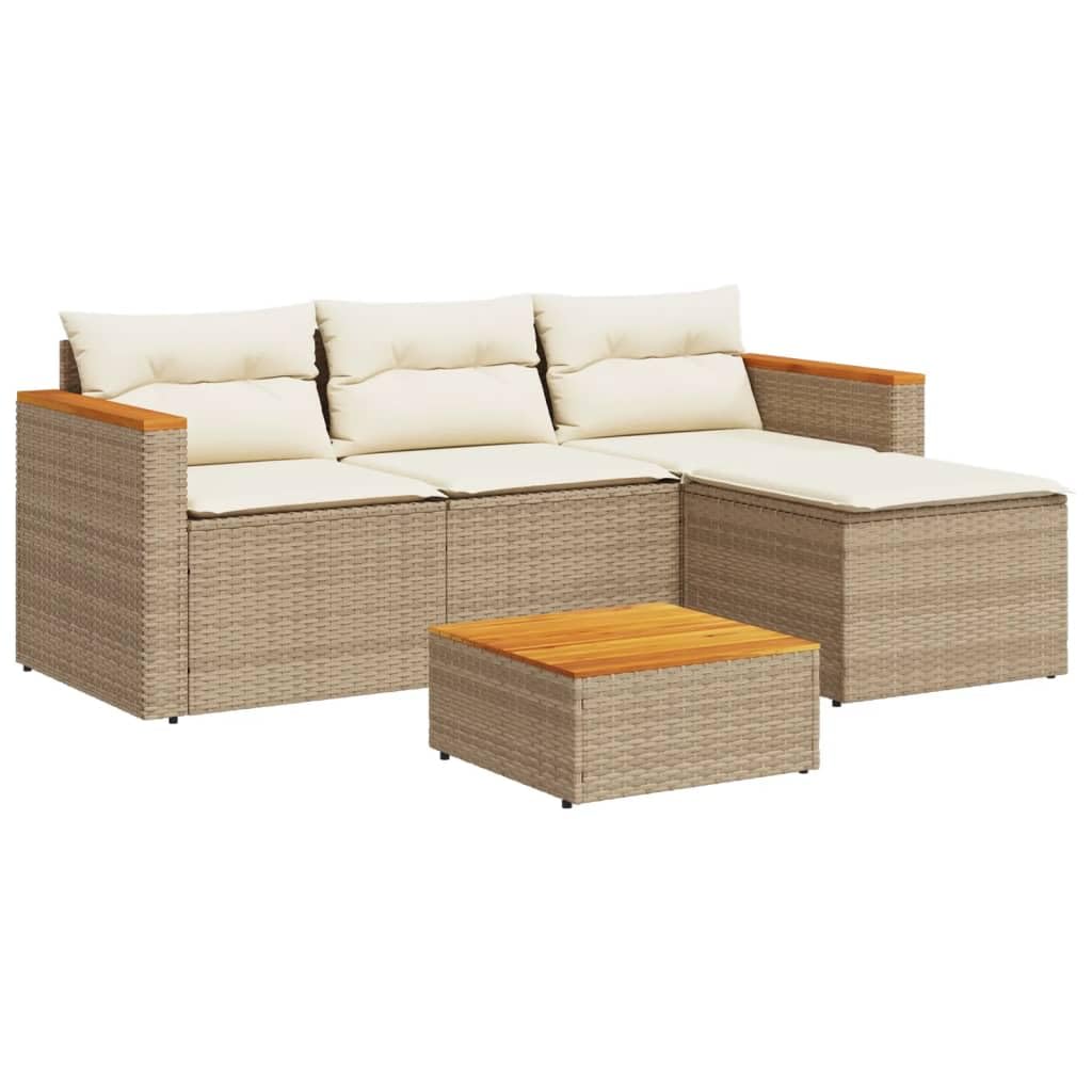 Vidaxl Beige Outdoor Patio Sofa Set With Cushions - 3 Piece Poly Rattan Lounge With Stool/Table, Weather-Resistant, Modular Design, Acacia Wood Top