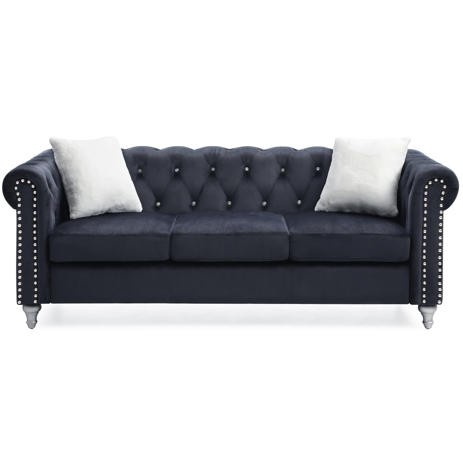 Raisa 83 in. Black Velvet 3-Seater Sofa with 2-Throw Pillow