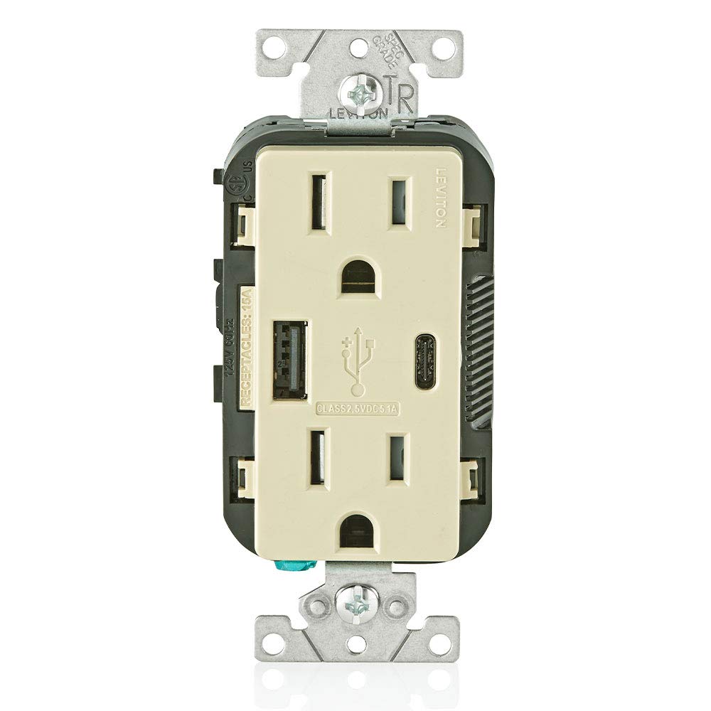 Leviton T5633-I 15-Amp Type A & Type-C Usb Chargertamper Resistant Outlet, Not For Laptops, Ivory