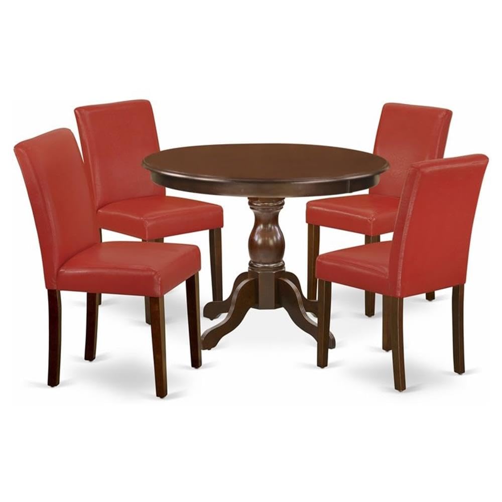 East West Furniture HBAB5-MAH-72 5 Piece Dining Room Table Set - Mahogany Small Dining Table and 4 Firebrick Red PU Leather Kitchen Chairs with High Back - Mahogany Finish