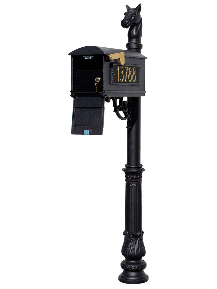 Lewiston Equine Mailbox Post System with Locking Insert, ornate base, horsehead finial and 3 cast aluminum personalized address plates, Black